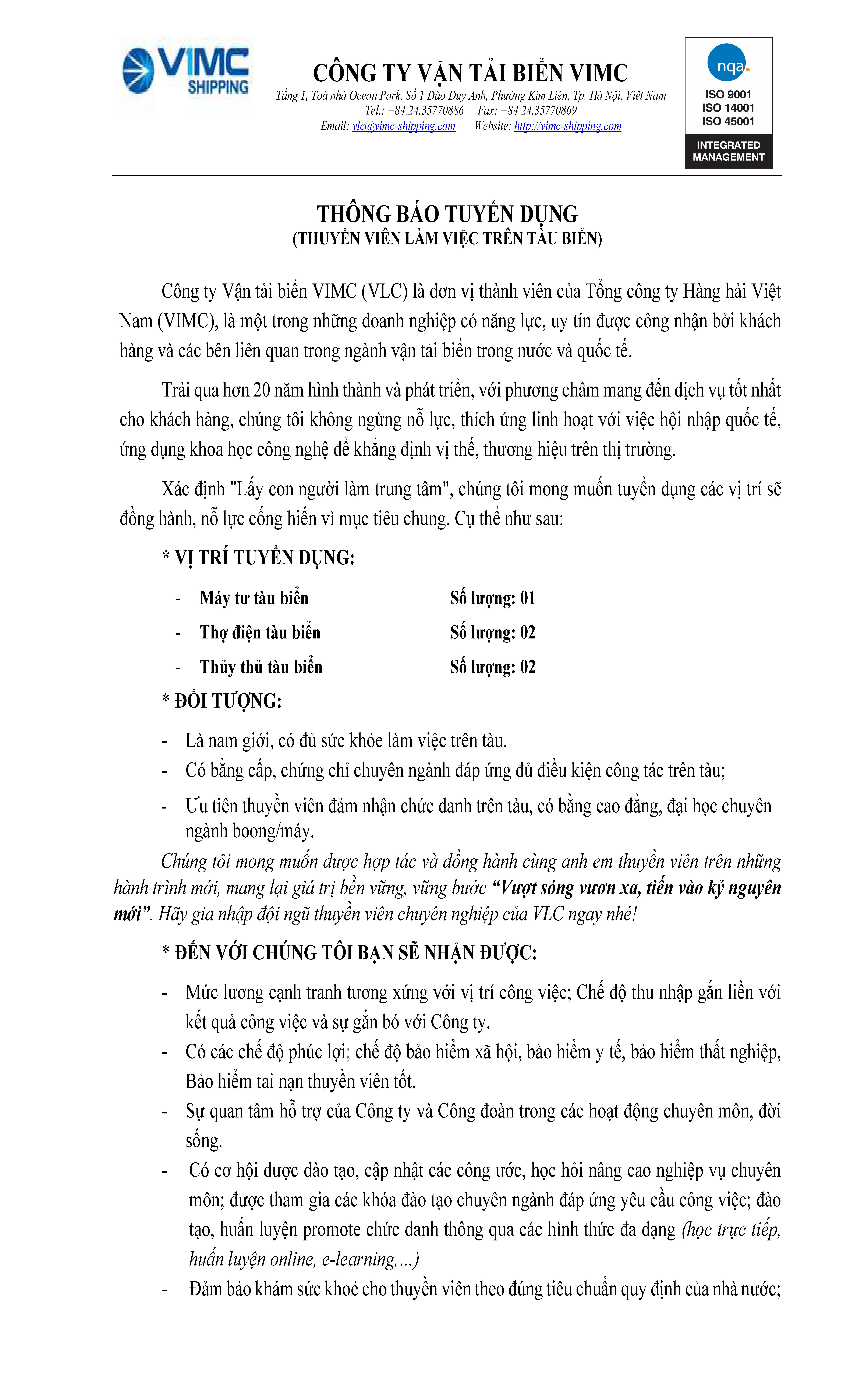 Tuyển dụng thuyền viên làm việc trên tàu biển